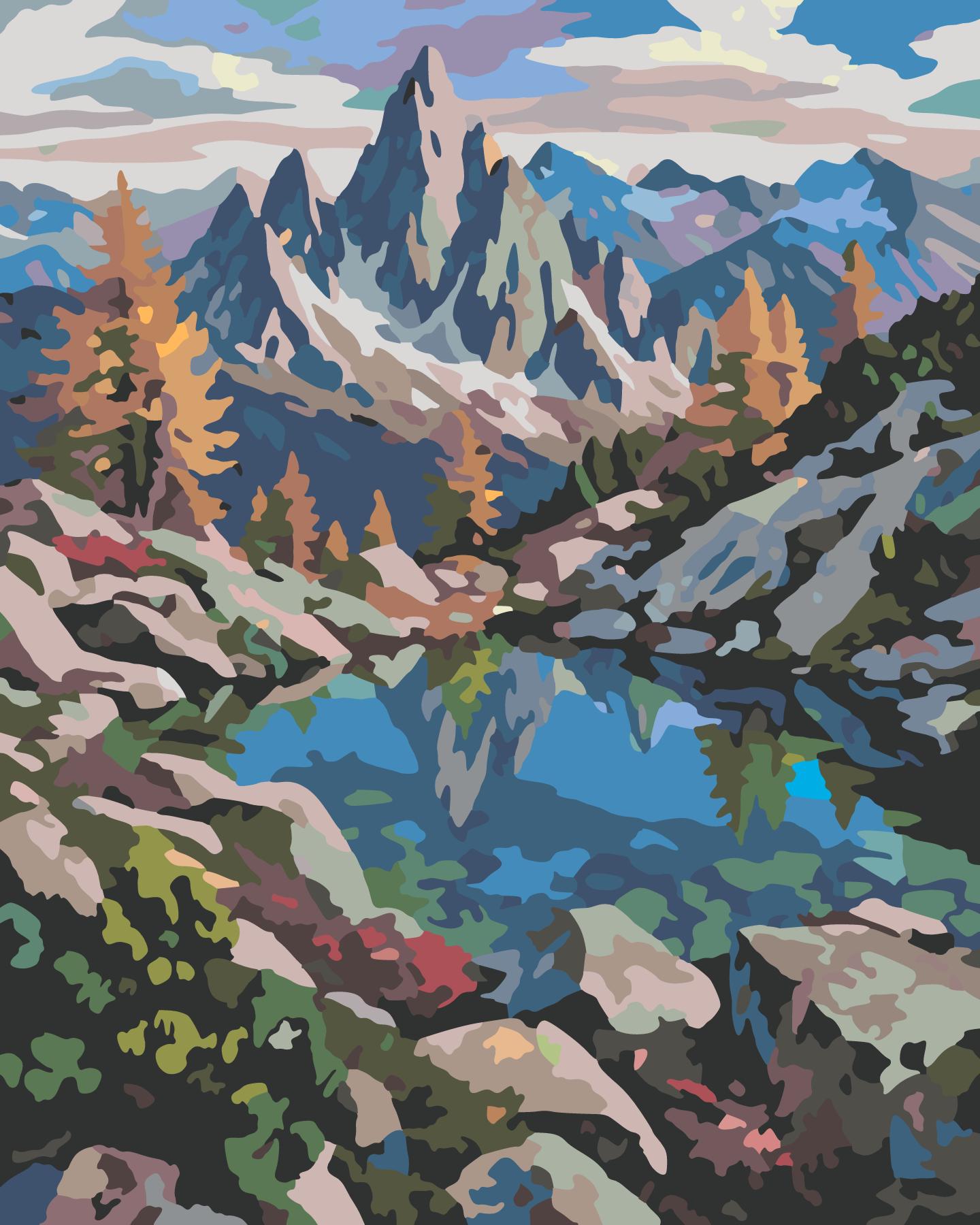 Alpine Tarn Reflected Beneath Jagged Peaks paint by number design
