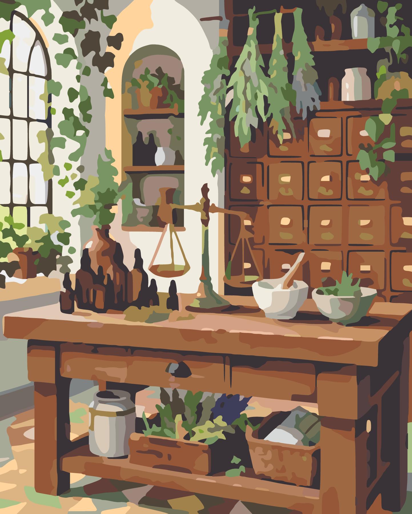 Apothecary Blending Counter With Amber Bottles And Botanicals paint by number design