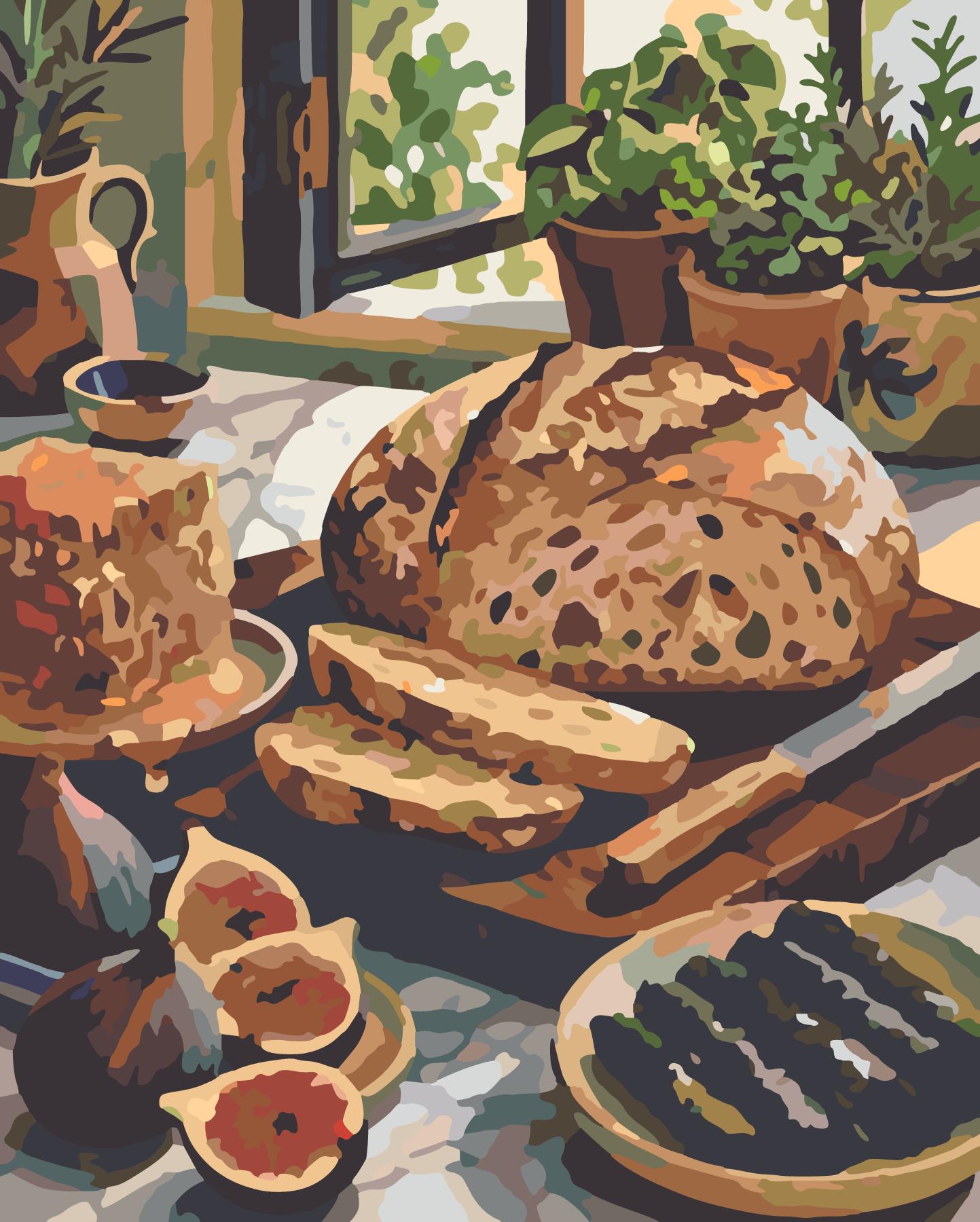 Artisan Bread Slicing And Fresh Figs paint by number design