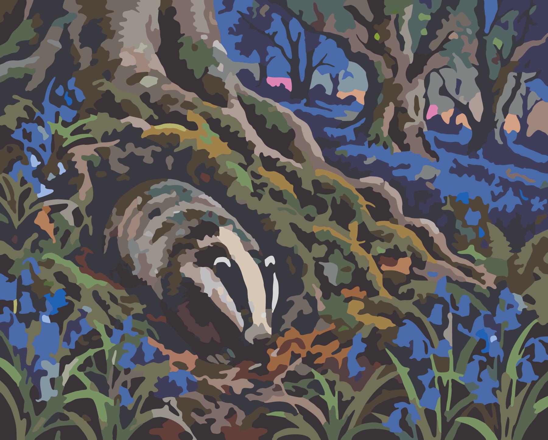 Badger Foraging Among Woodland Bluebells paint by number design