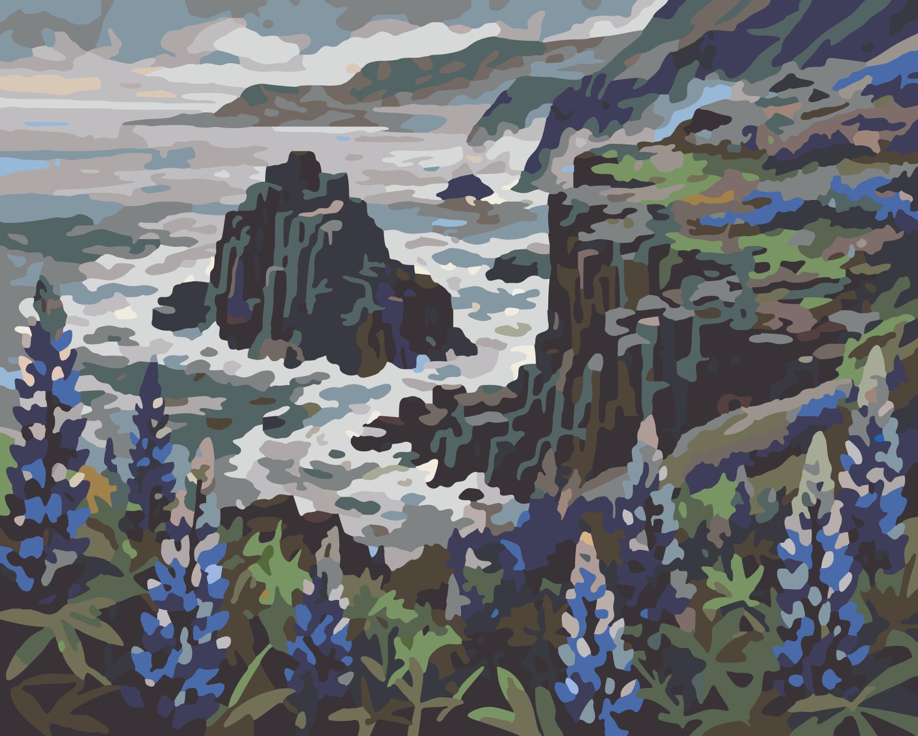 Basalt Sea Stacks Framed By Wild Lupines paint by number design
