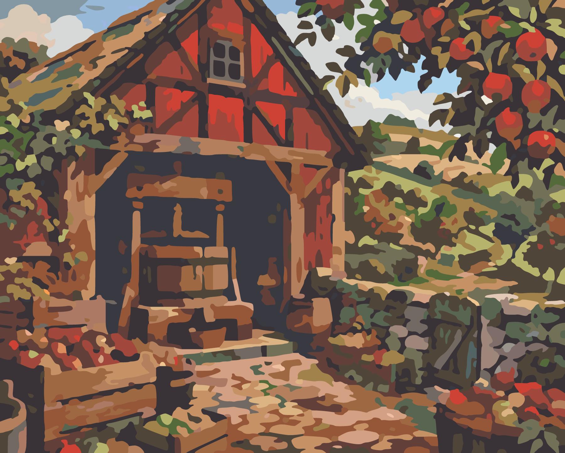 Cider Press Barn With Apple Crates paint by number design