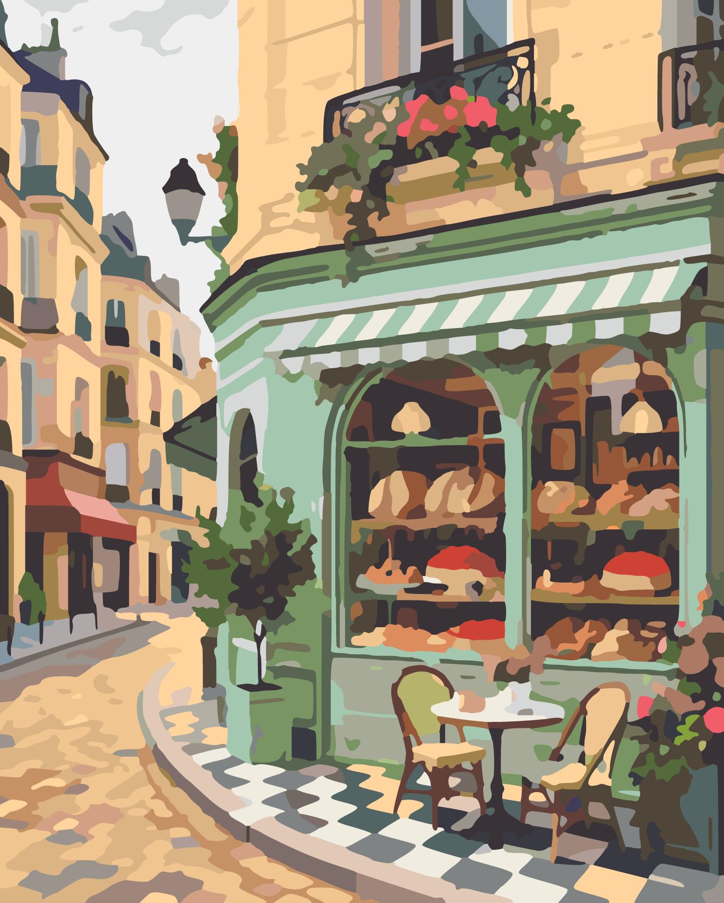 Corner Patisserie With Striped Mint Awning paint by number design