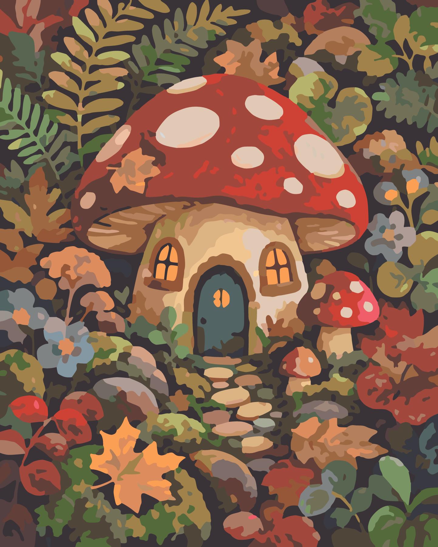 Cozy Mushroom Cottage In Autumn Forest paint by number design