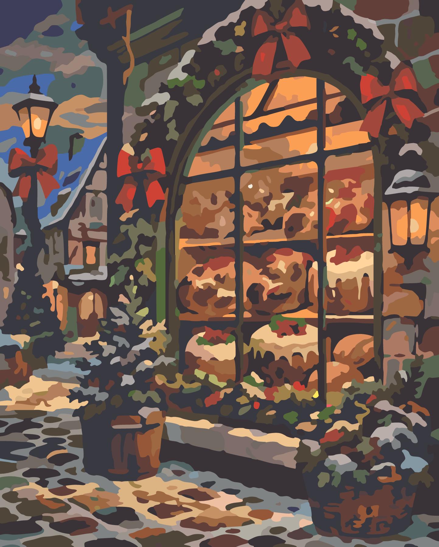 Cozy Village Bakery On Christmas Eve paint by number design