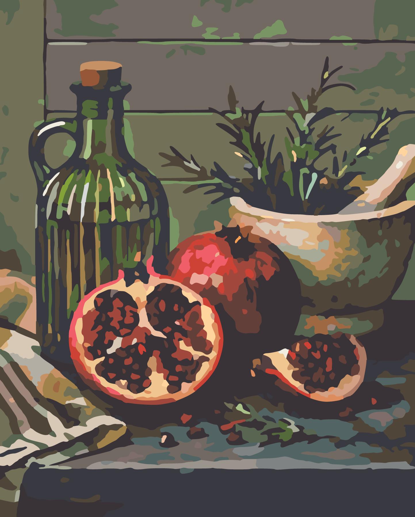 Cracked Pomegranates And Olive Oil Decanter paint by number design
