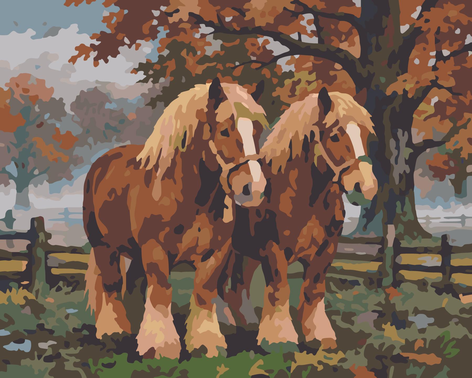 Draft Horses Grazing In Morning Mist paint by number design