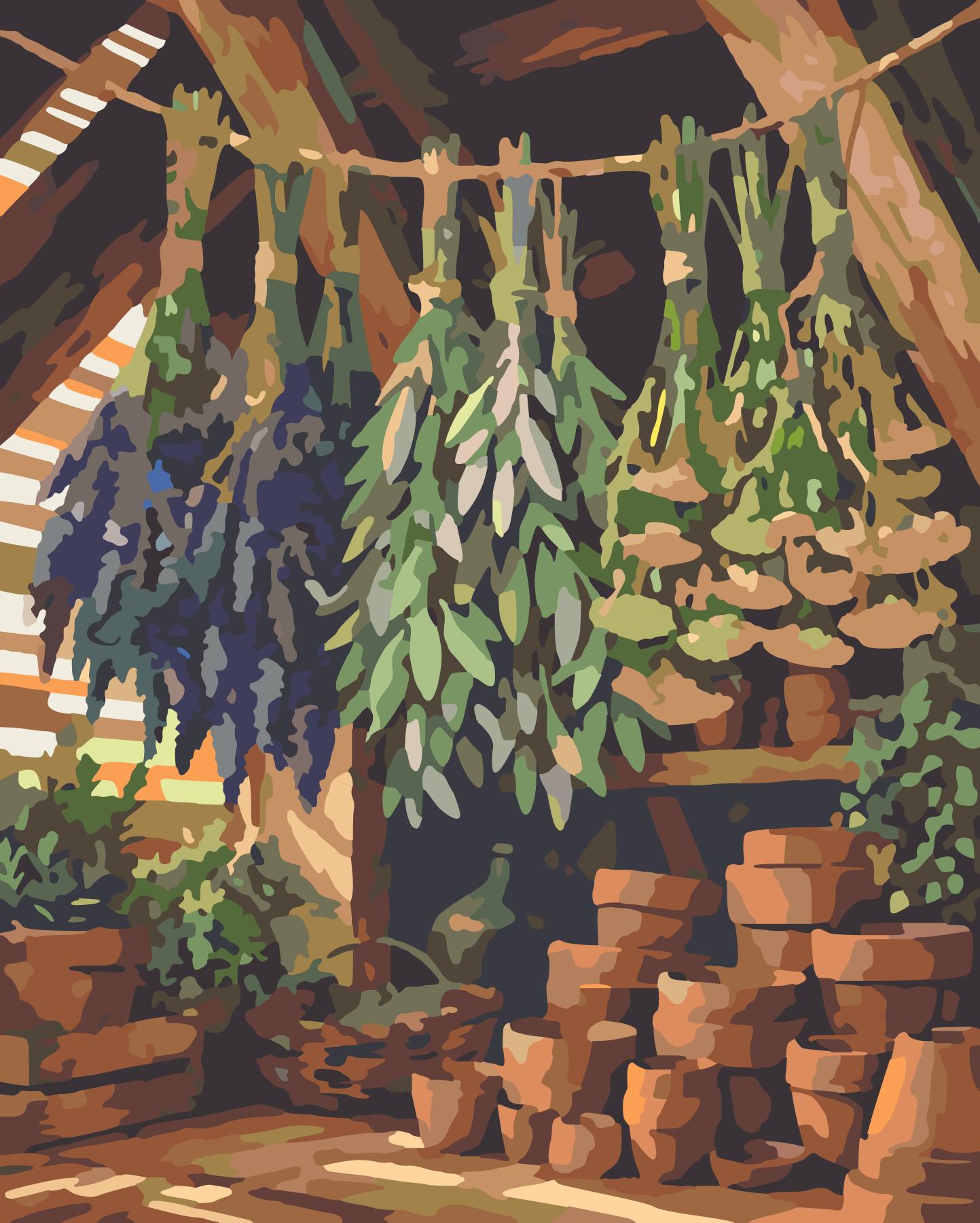 Drying Herb Bundles In Sunlit Timber Shed paint by number design