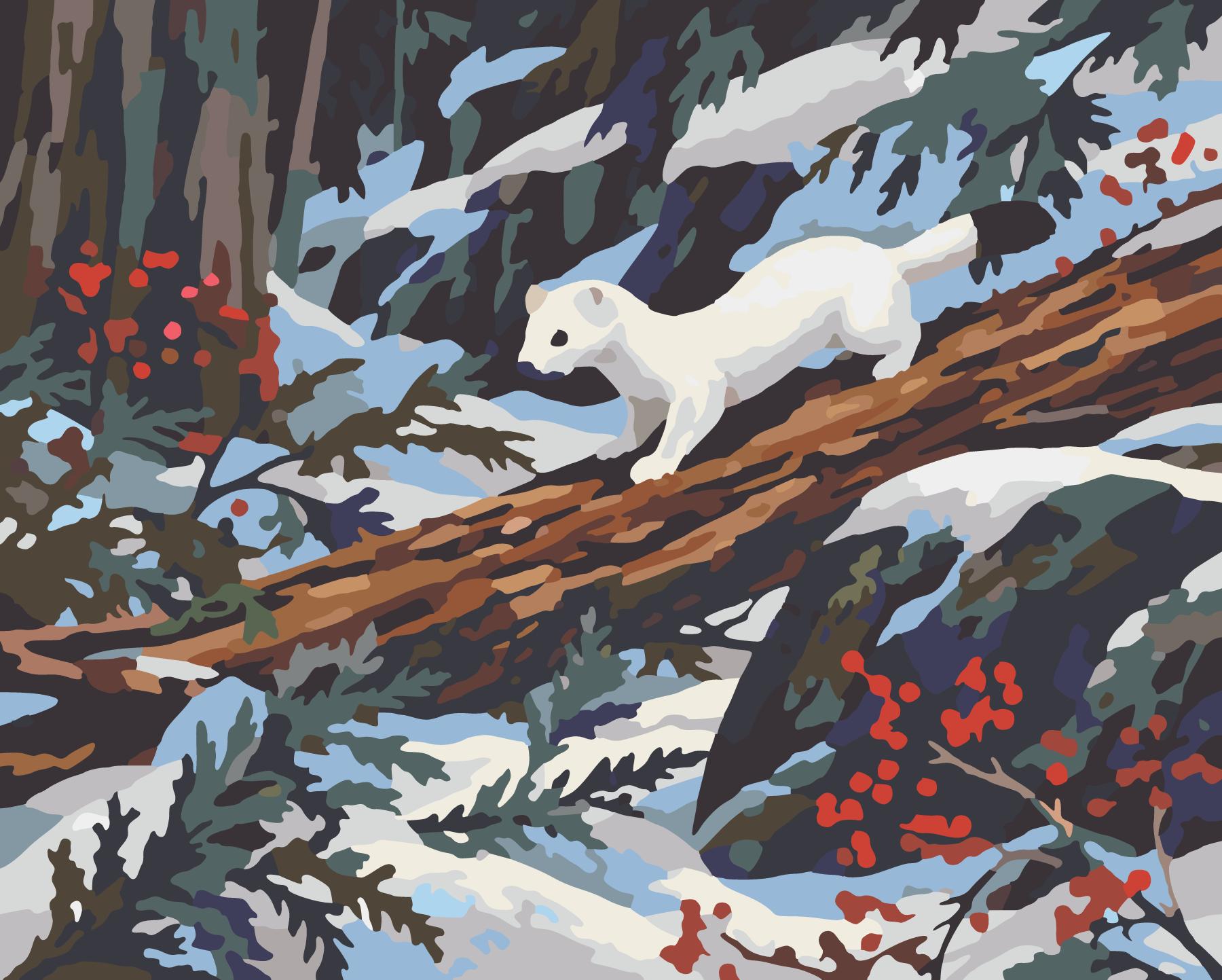 Ermine Peering From Beneath Snowy Cedar Log paint by number design