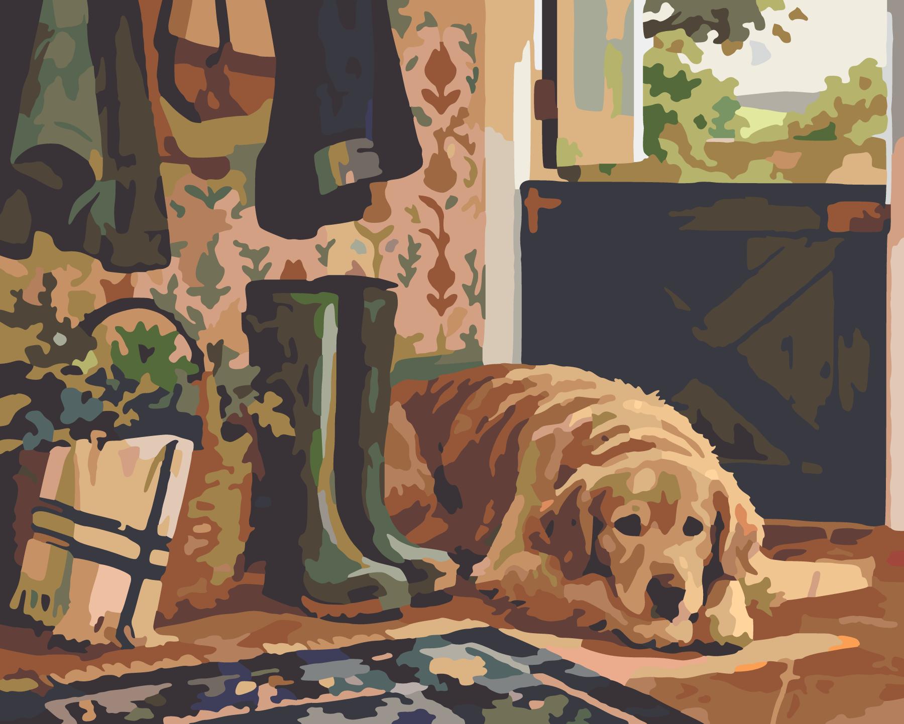 Golden Retriever Guarding Sunny Mudroom Boots paint by number design