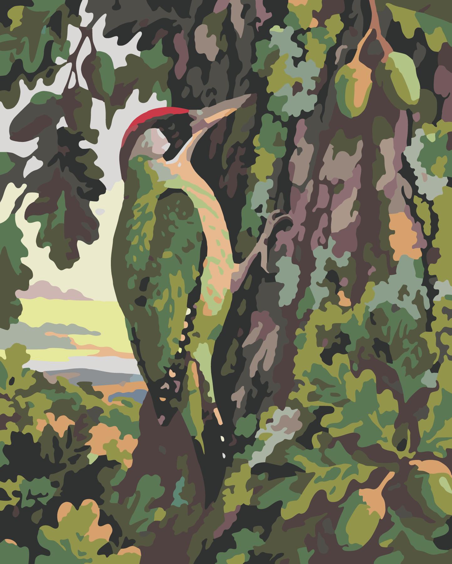 Green Woodpecker Foraging On Ancient Oak Trunk paint by number design