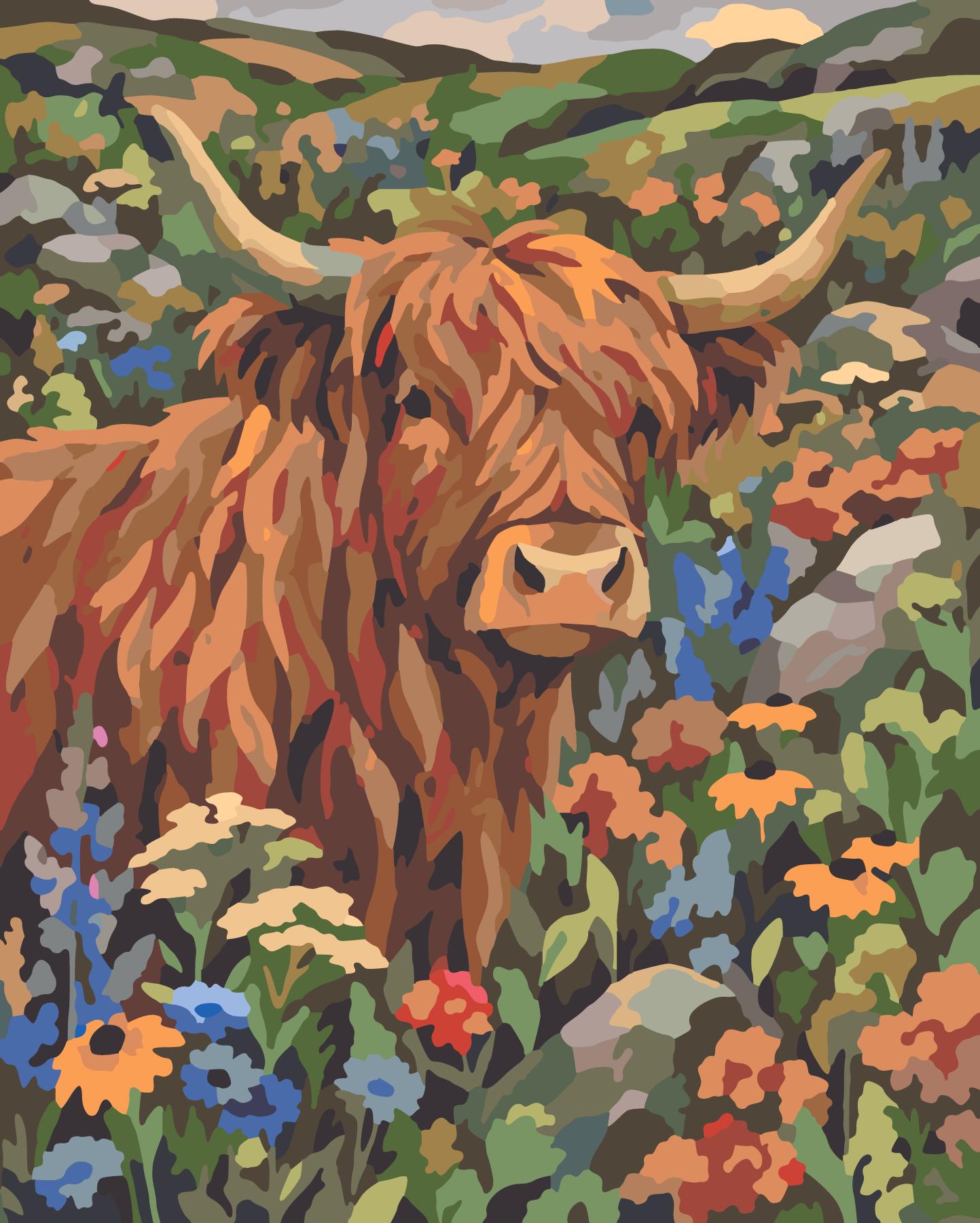 Highland Cow In Wildflower Meadow paint by number design