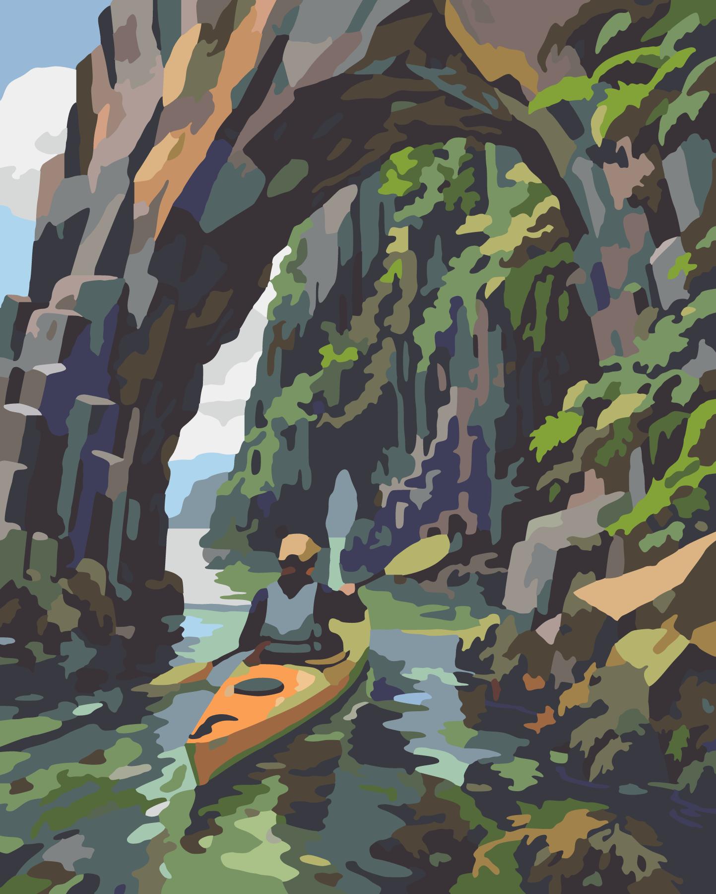 Kayaking Through The Coastal Sea Arch paint by number design