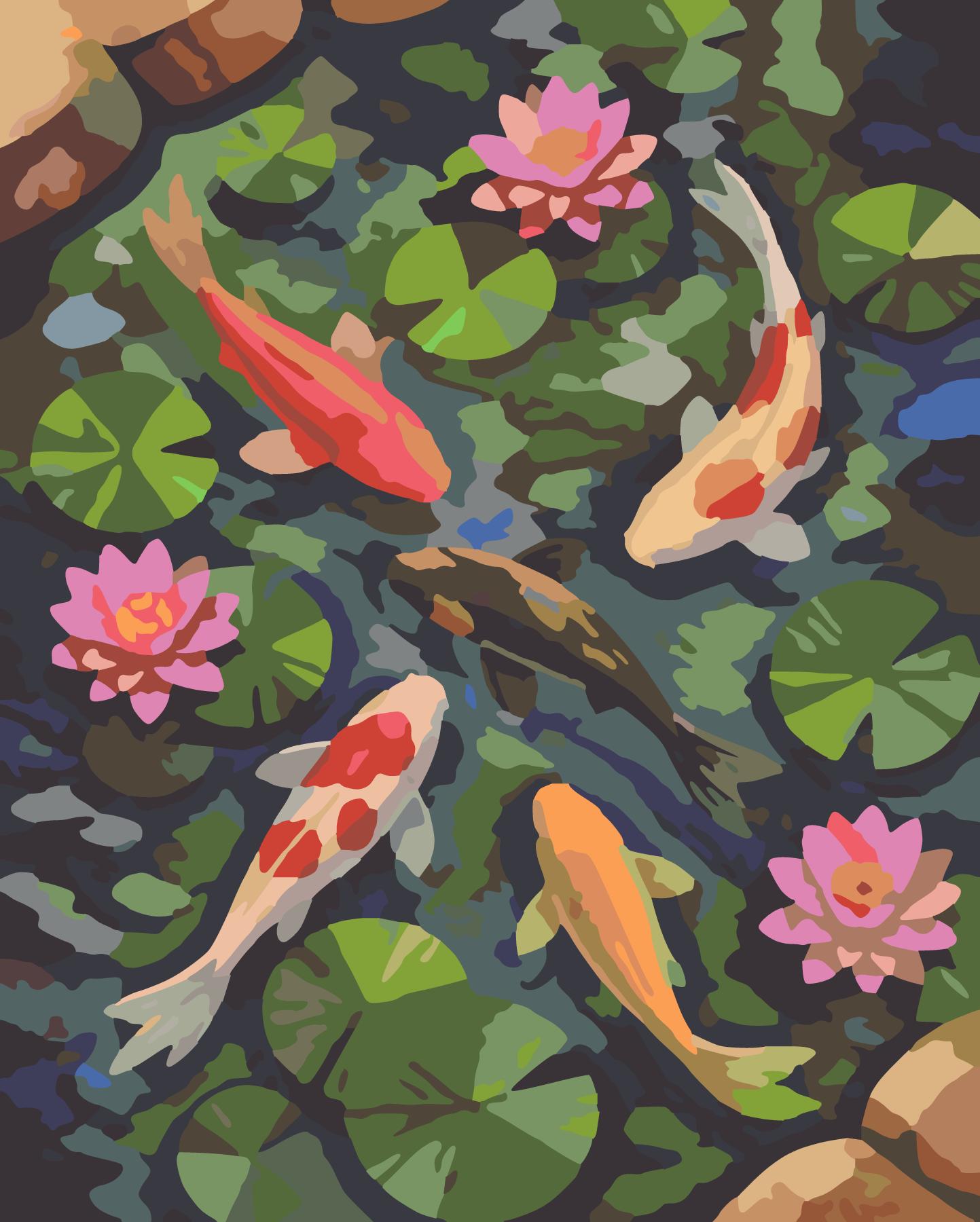 Koi Fish In Water Lily Pond paint by number design