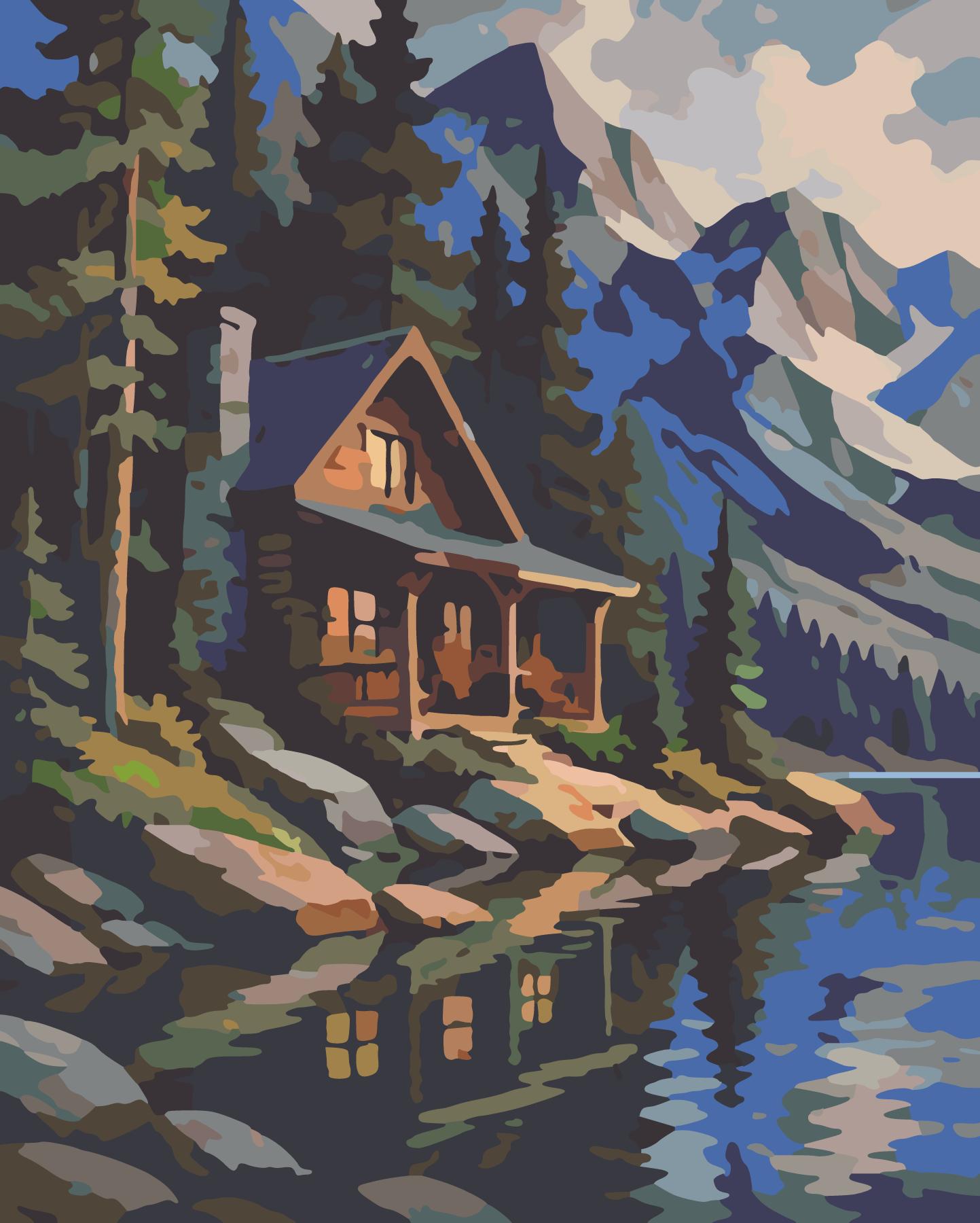 Lakeside Mountain Cabin paint by number design