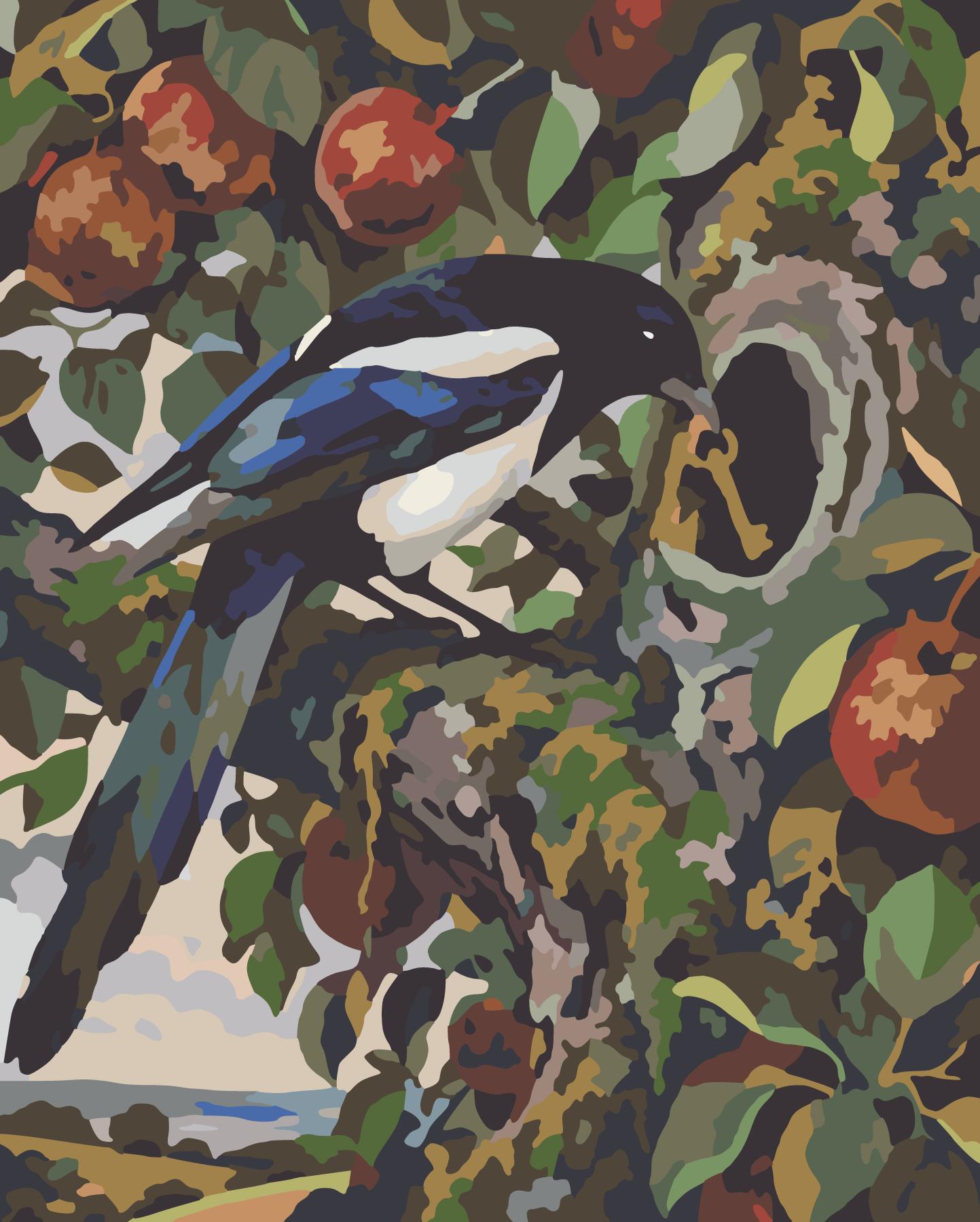 Magpie Hiding Brass Key In Apple Hollow paint by number design