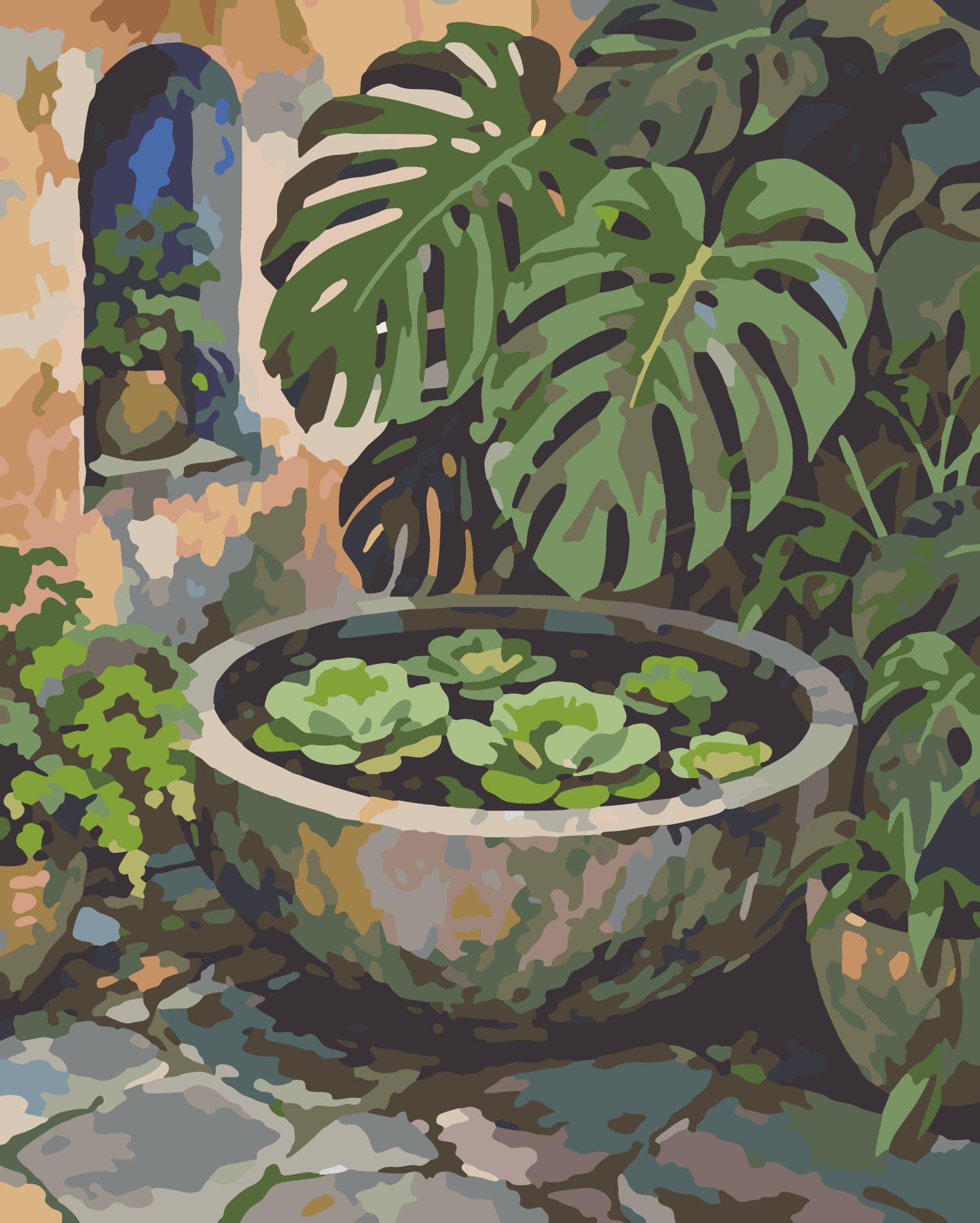 Monstera And Water Cabbage In Shaded Pool paint by number design