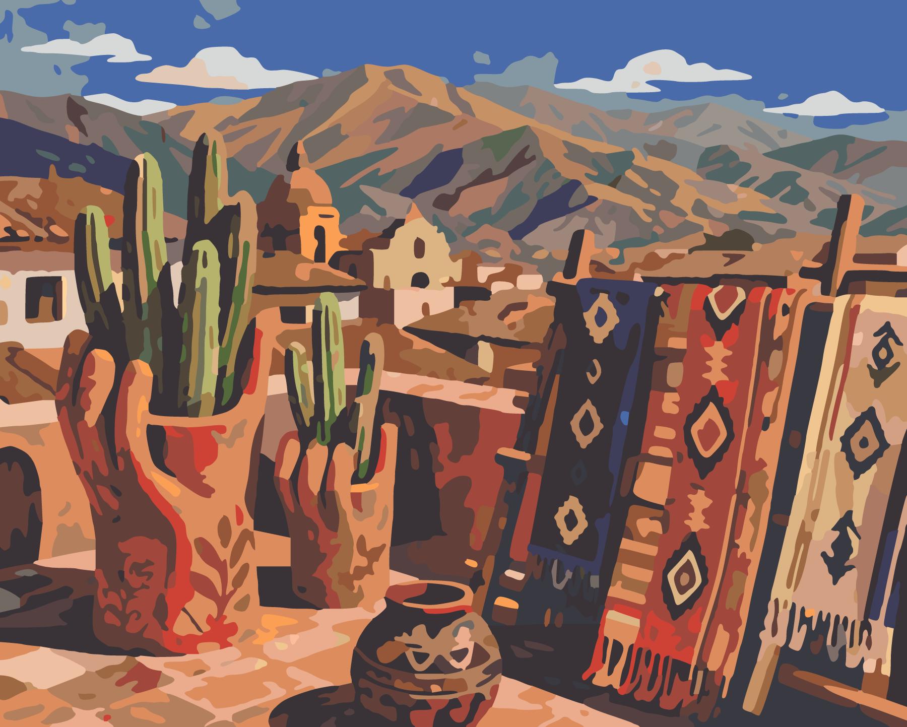 Oaxaca Rooftop Garden With Clay Pots And Cacti paint by number design