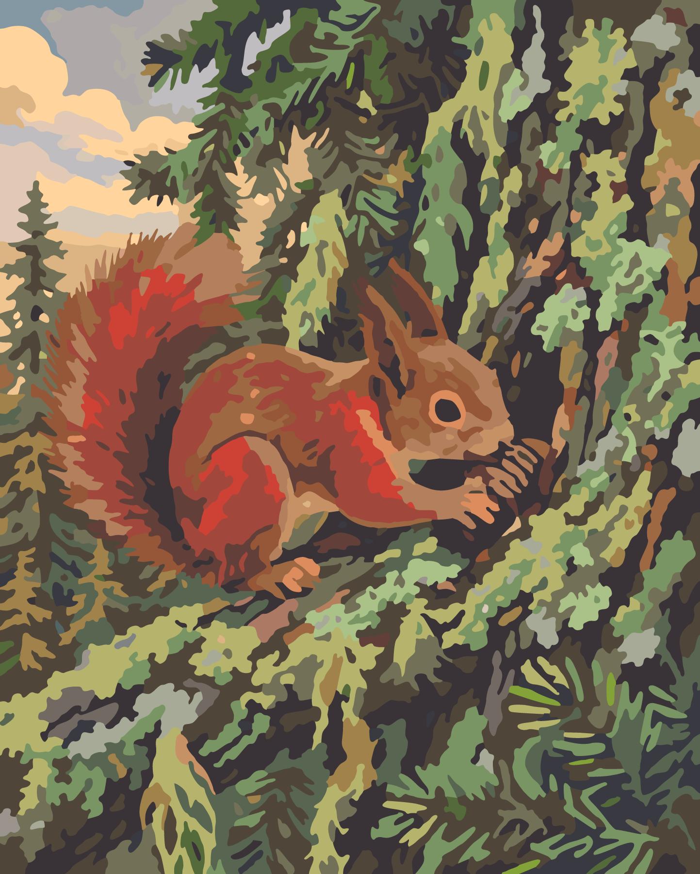 Red Squirrel Caching Pinecones In Lichen Spruce paint by number design