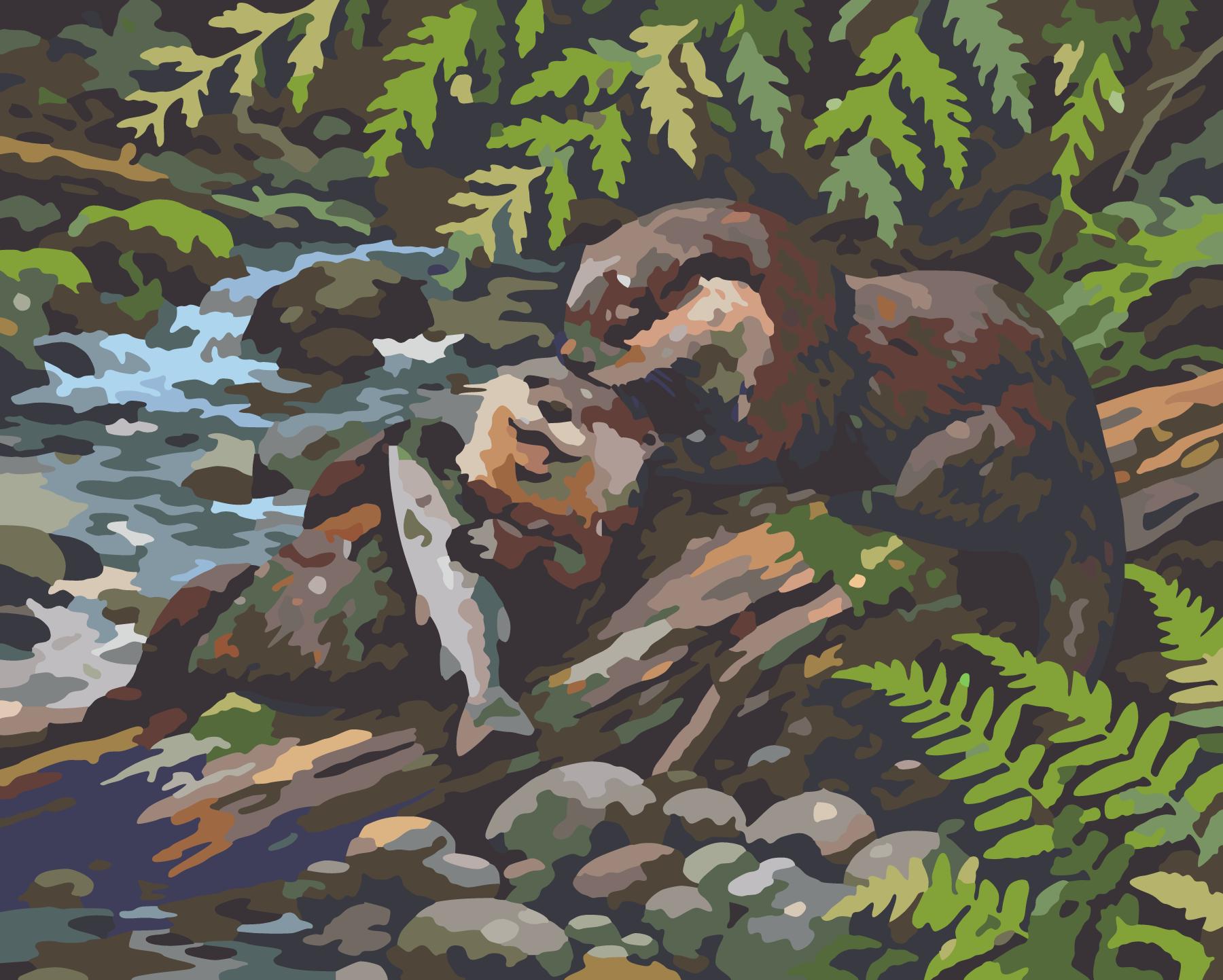 River Otter Family On Mossy River Driftwood paint by number design