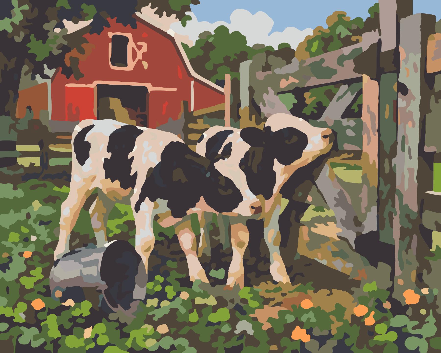 Spotted Dairy Calves At The Barn Gate paint by number design