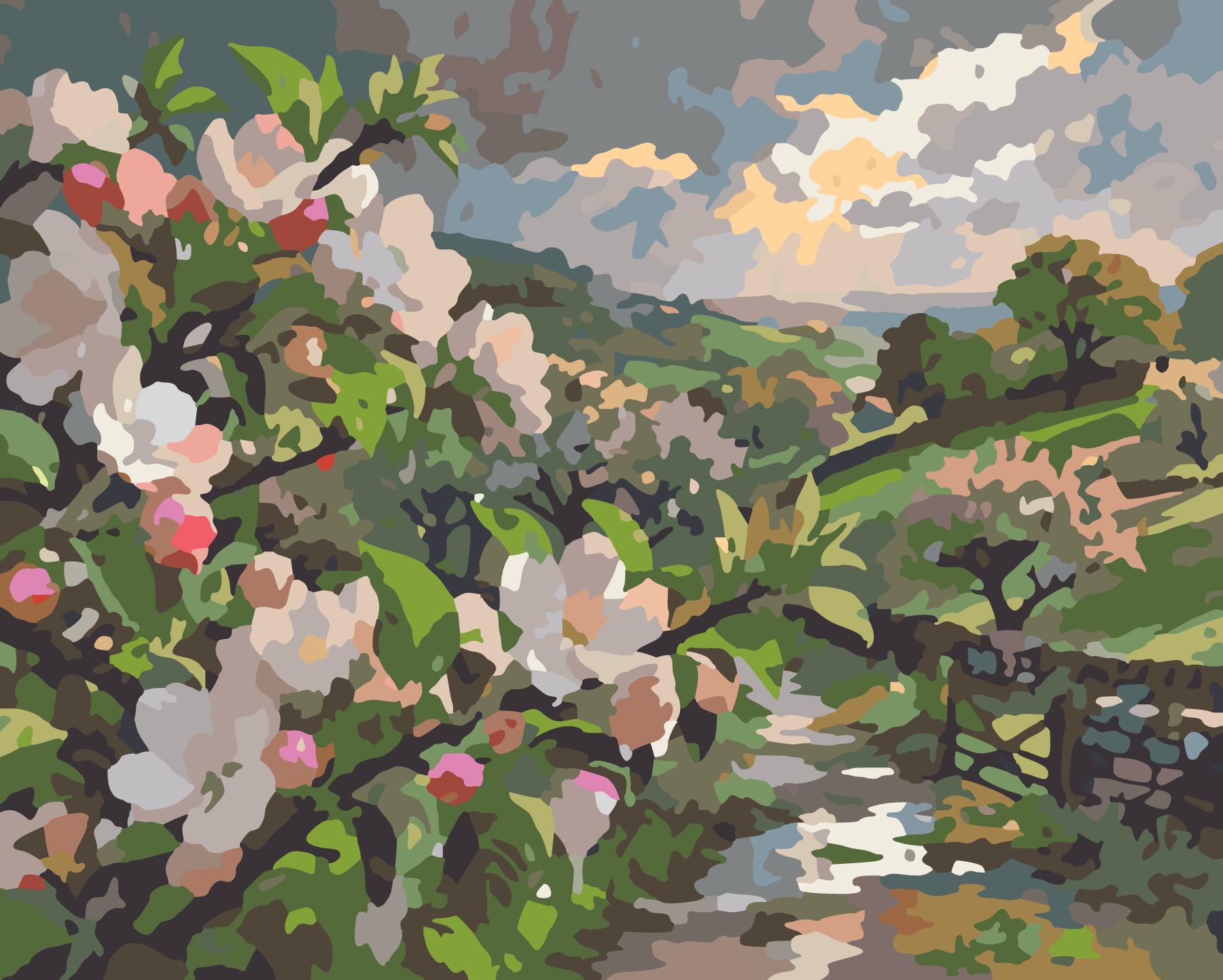 Spring Orchard Under Passing Rain Shower paint by number design