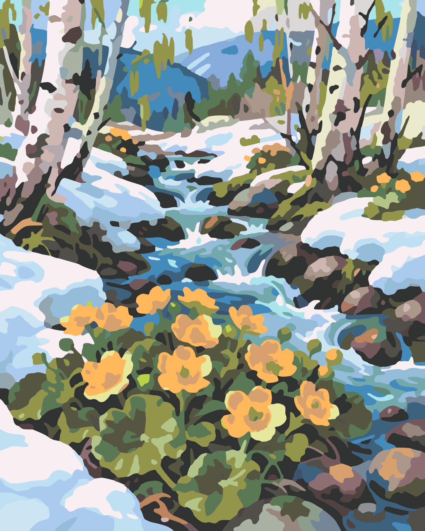 Spring Runoff Rushing Through Snowmelt And Marsh Marigolds paint by number design