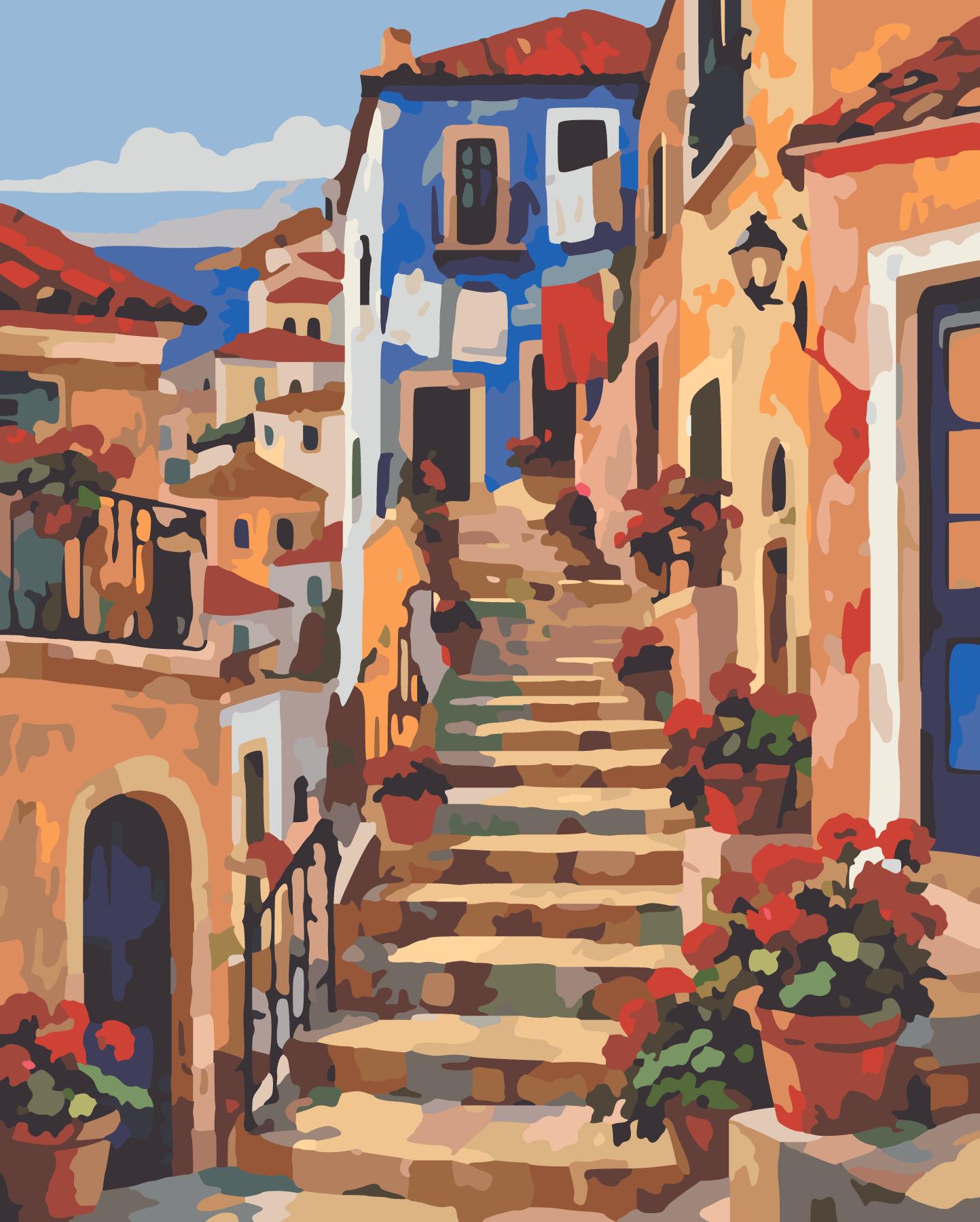 Steep Hillside Stairway With Sunlit Balconies paint by number design