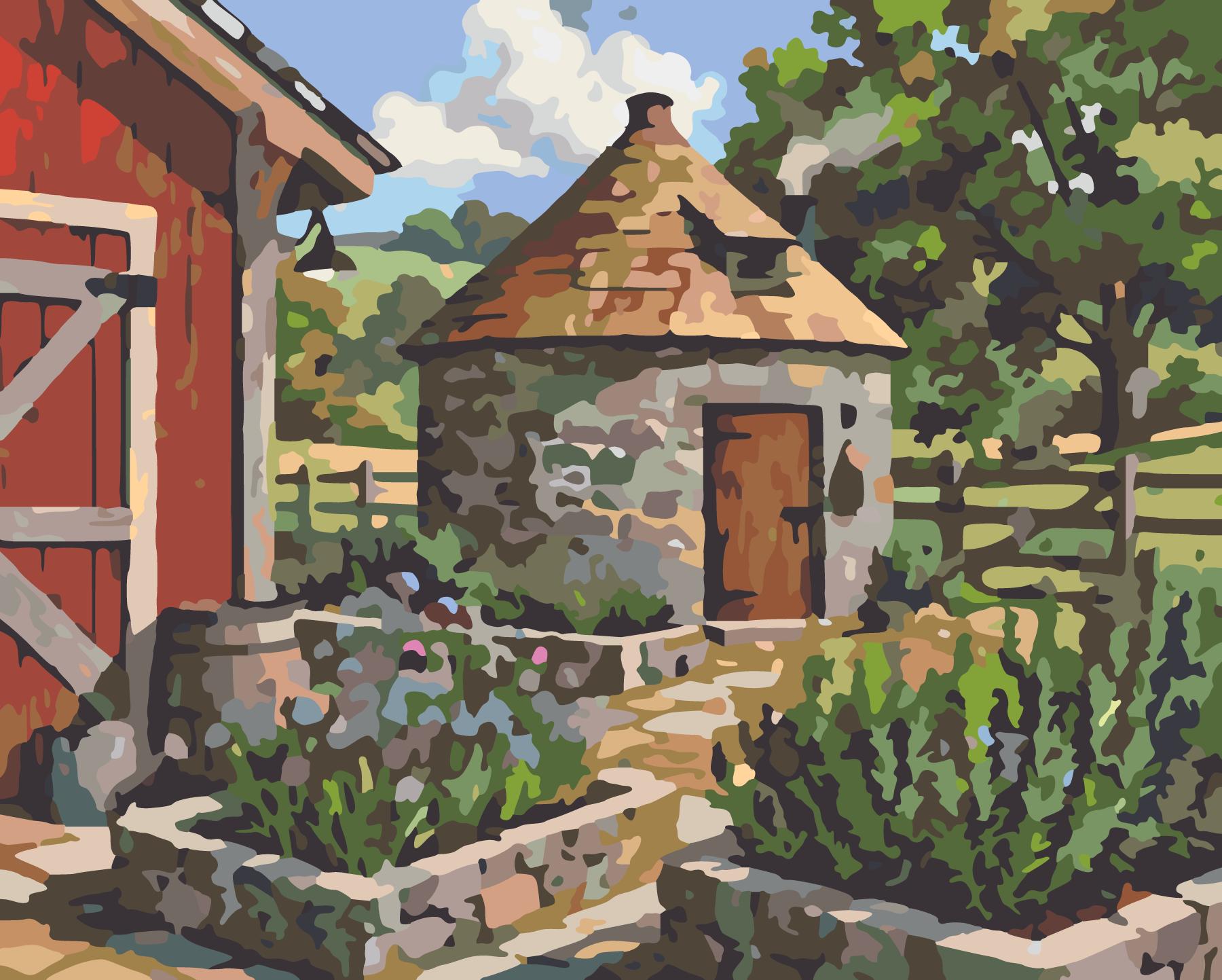 Stone Smokehouse And Herb Beds Beside The Barn paint by number design
