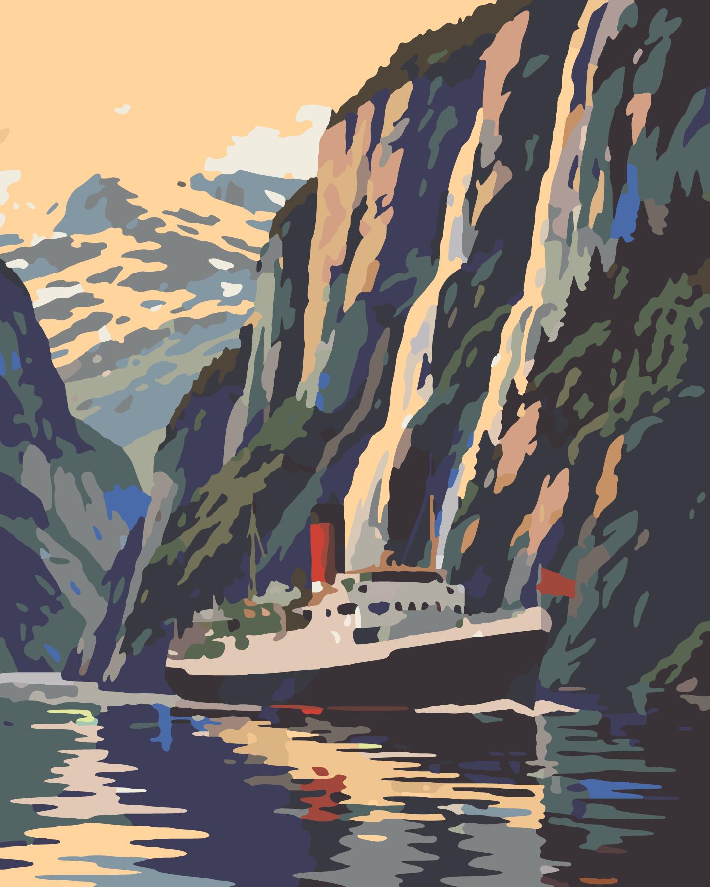 Stylized Fjord Steamer Passing Towering Glacial Cliffs paint by number design