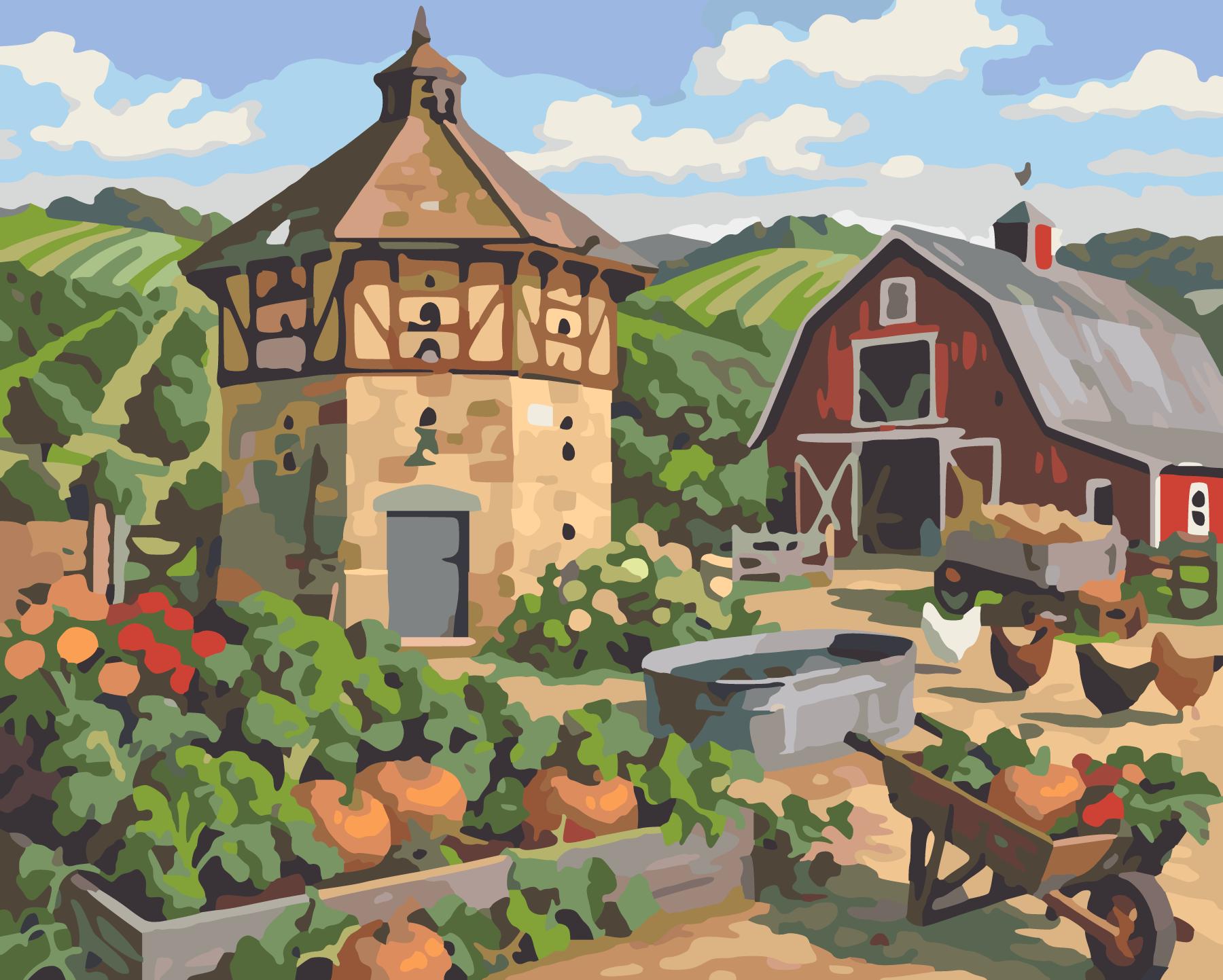Sunlit Dovecote And Vegetable Patch Beside Timber Barn paint by number design
