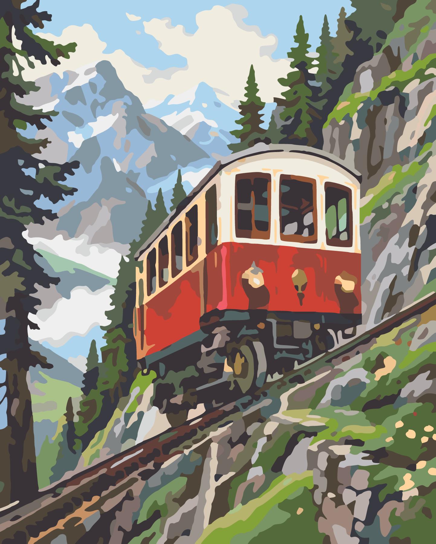 Sunlit Funicular Ascending Forested Mountain Slope paint by number design