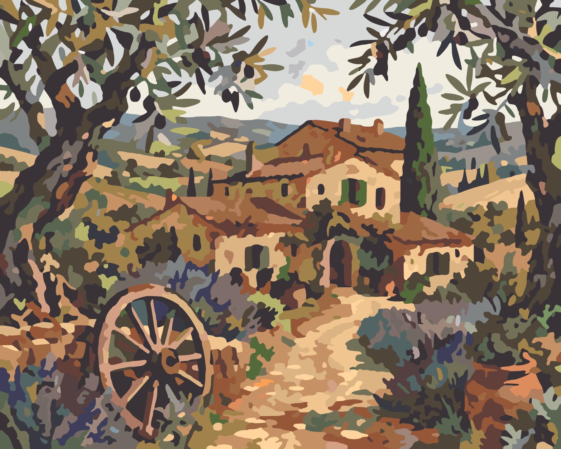 Sunlit Olive Grove With Stone Farmhouse paint by number design