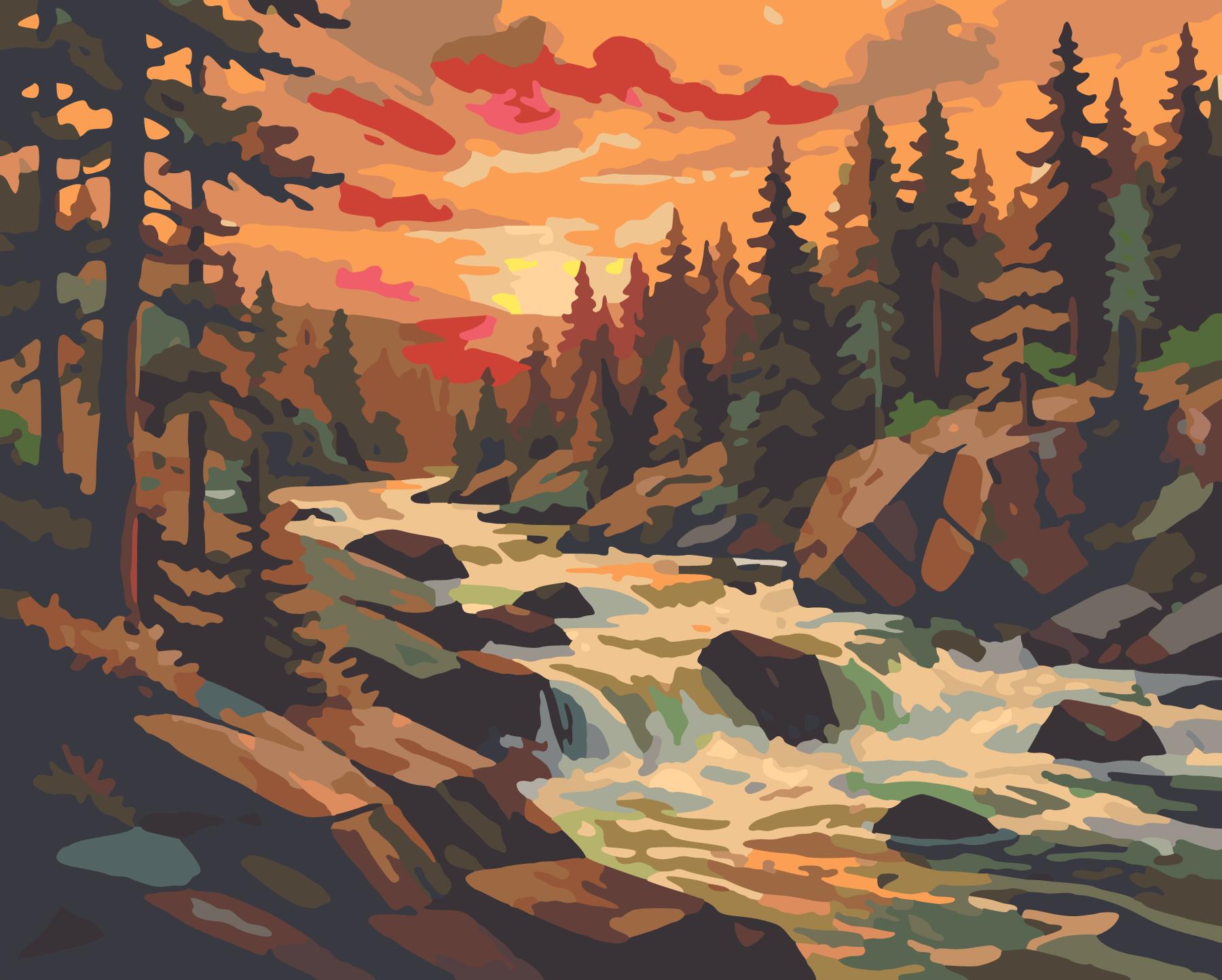 Sunset River Rapids And Pine Forest paint by number design