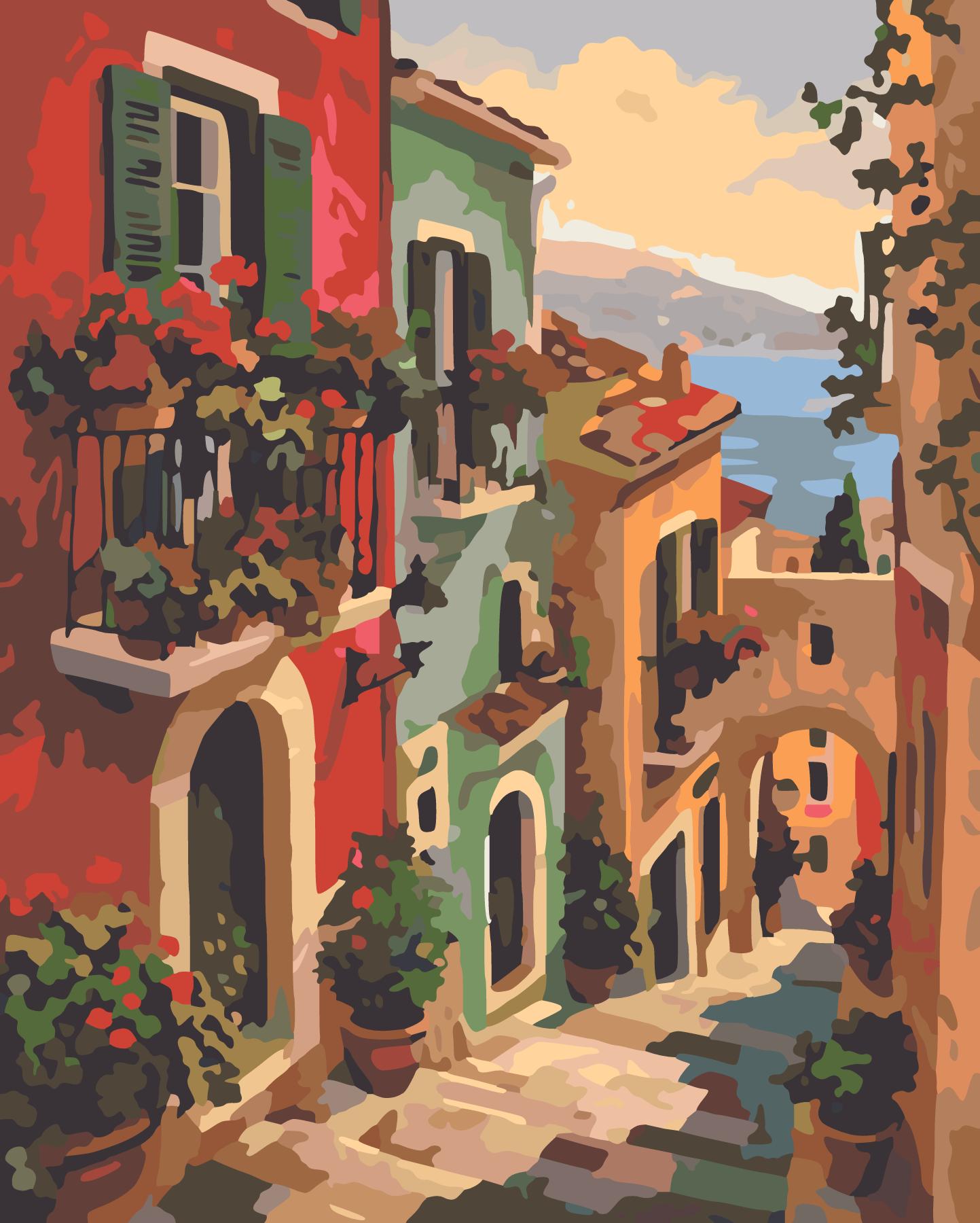 Terraced Hillside Village With Pastel Painted Facades paint by number design