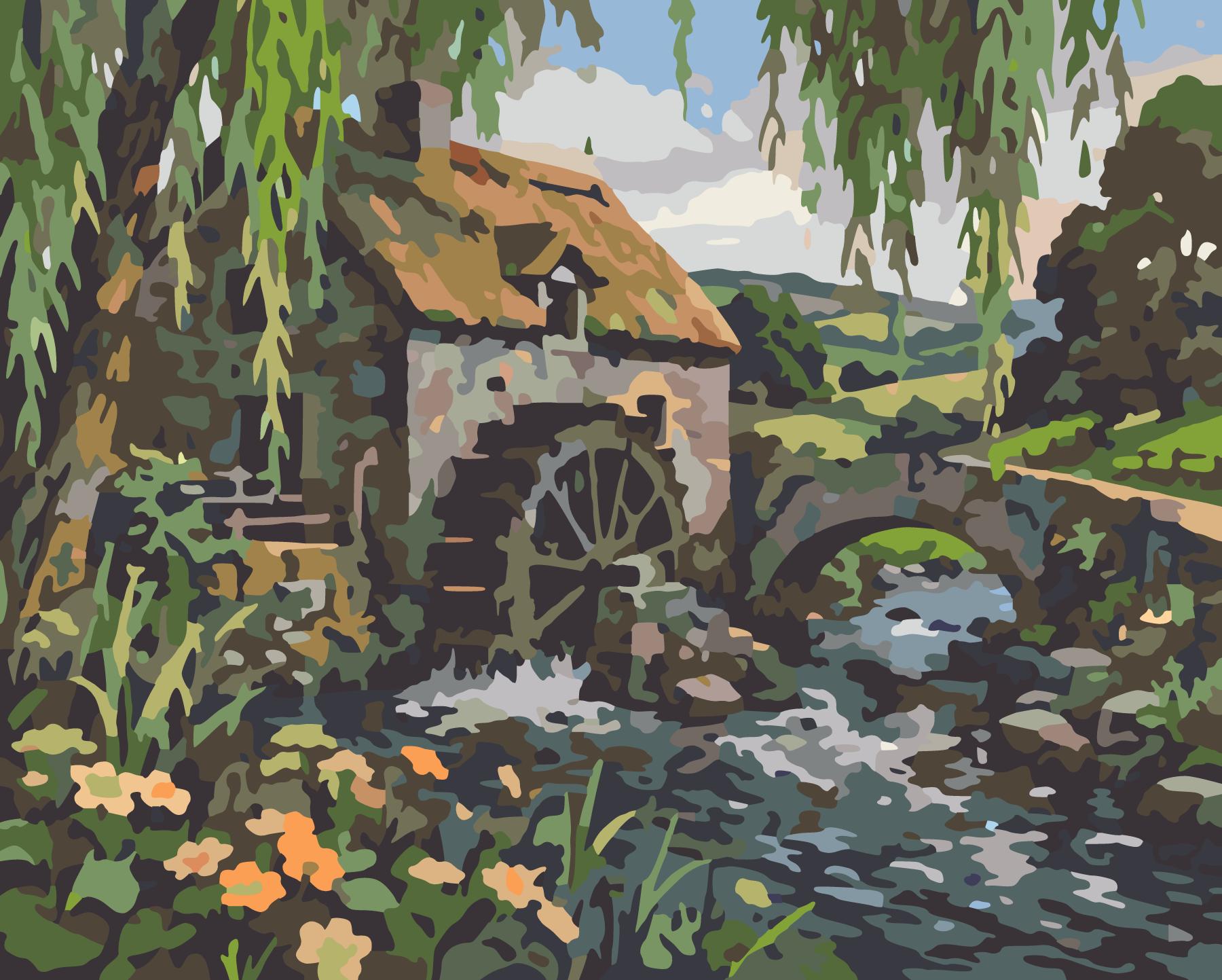 Thatched River Mill With Waterwheel paint by number design