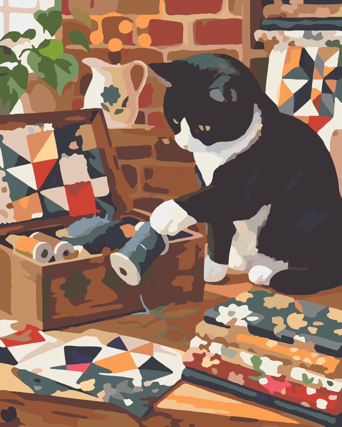 Tuxedo Cat Investigating Spools On Sewing Room Table paint by number design