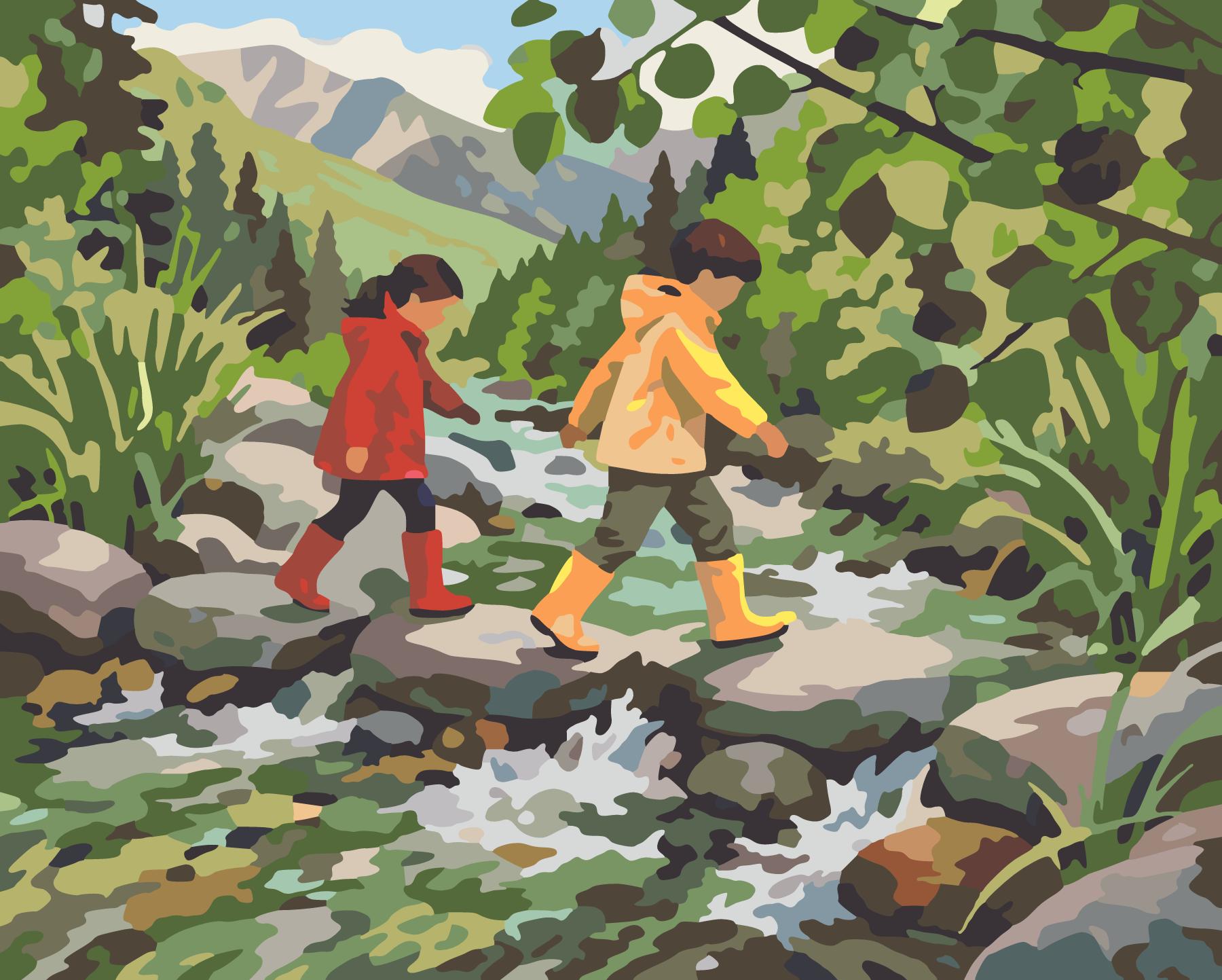 Two Young Explorers Crossing The Stepping Stone River paint by number design