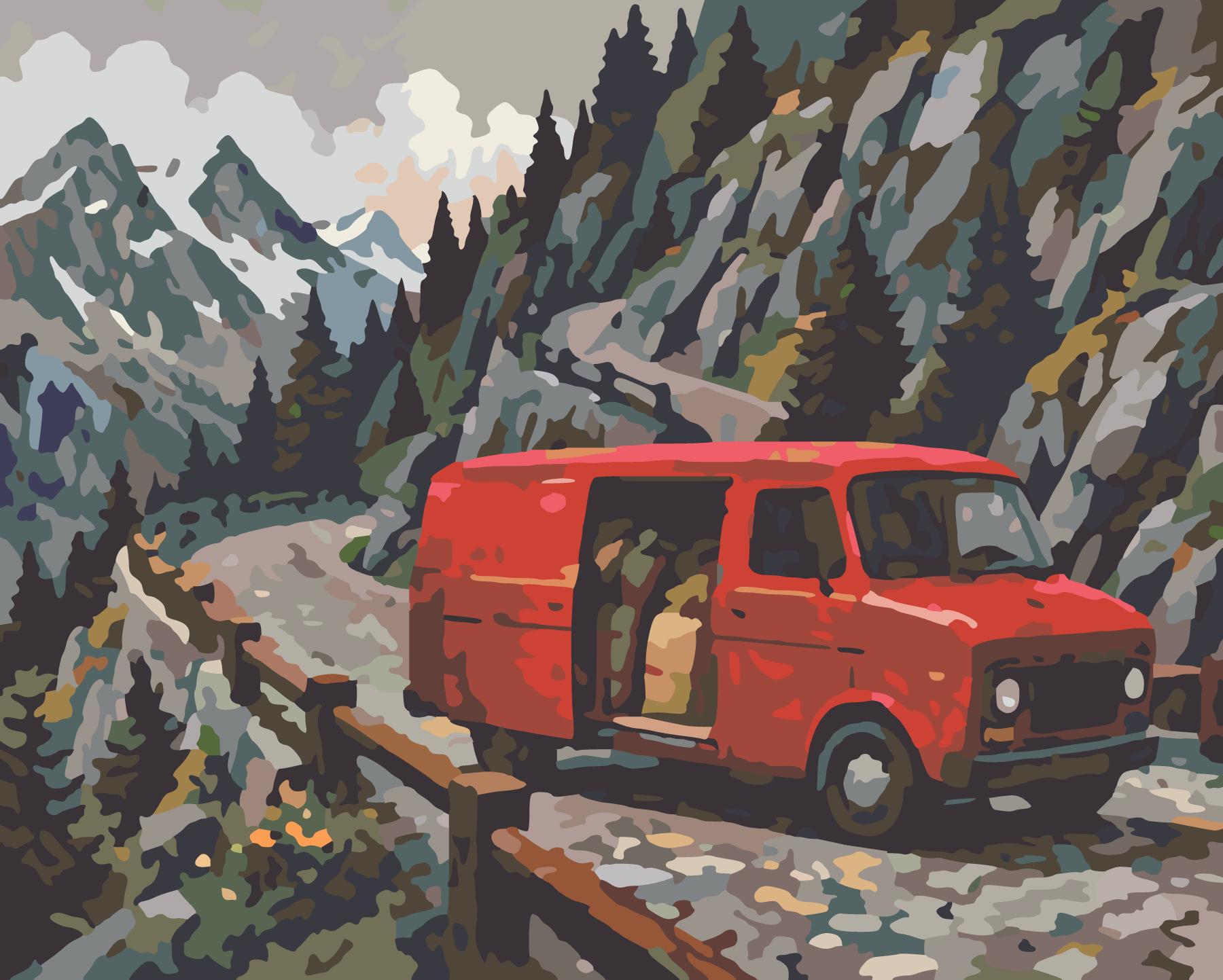 Vintage Postal Van On Alpine Mountain Pass paint by number design
