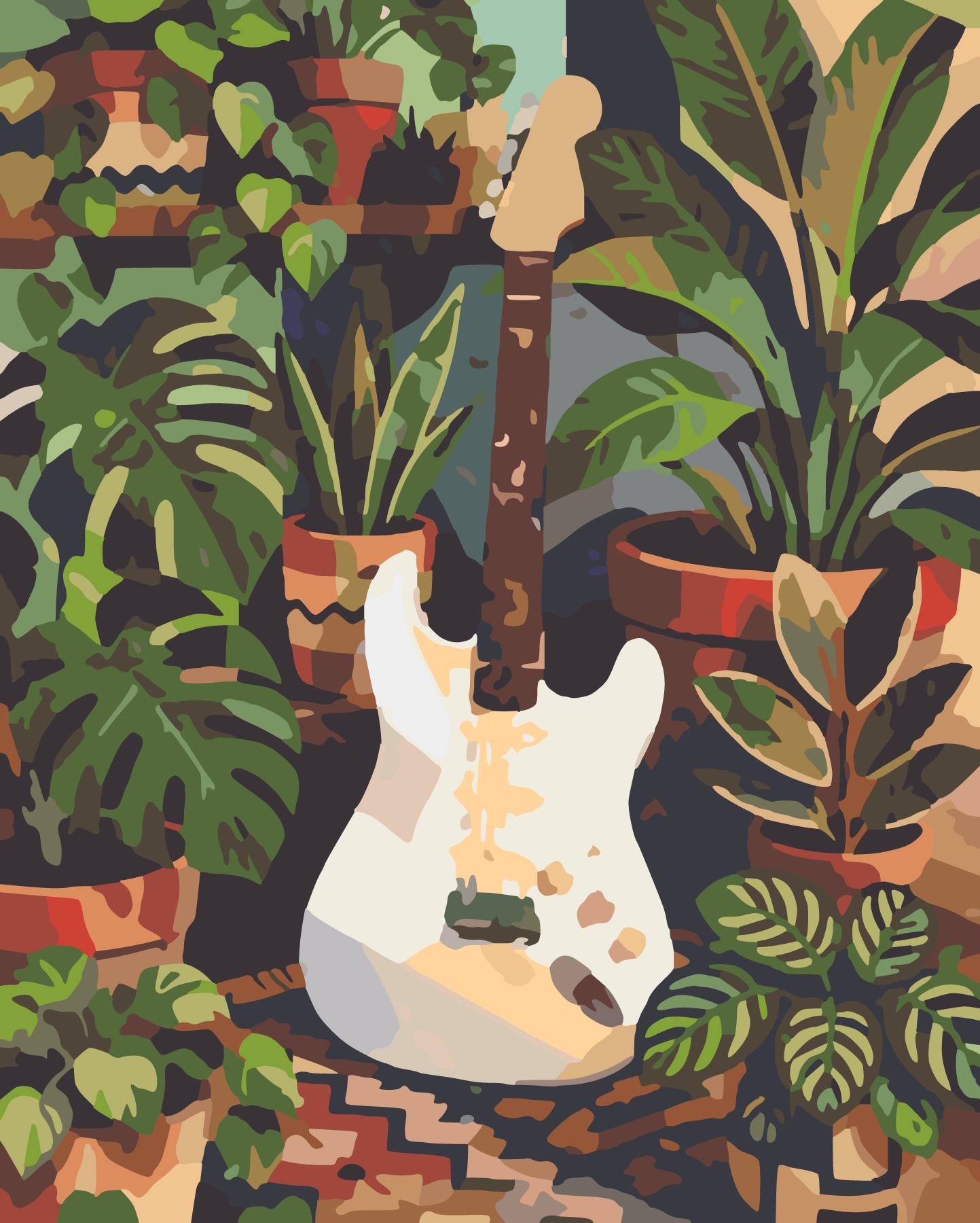 White Electric Guitar And Indoor Plants paint by number design