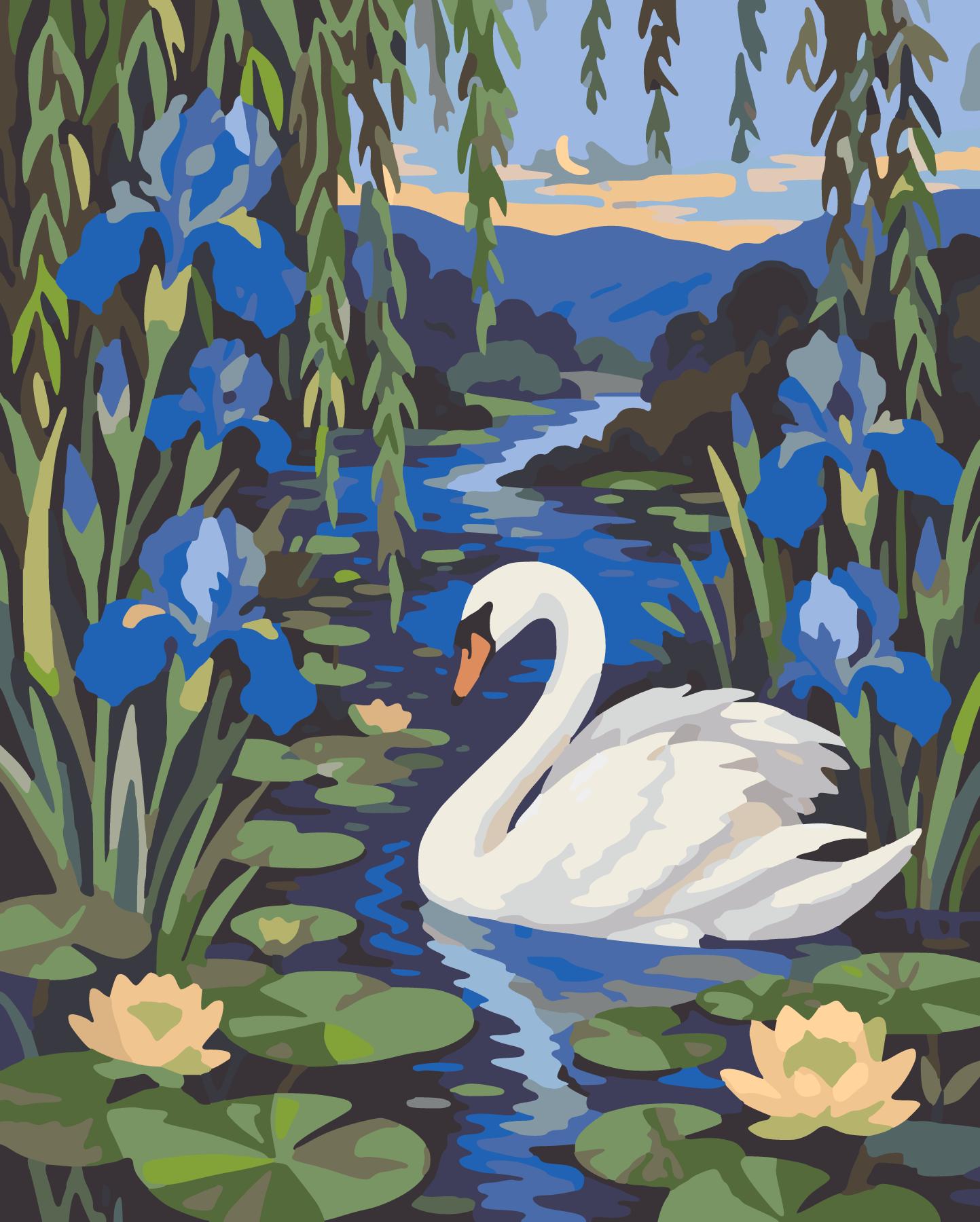 White Swan Gliding Through Water Iris Shallows paint by number design