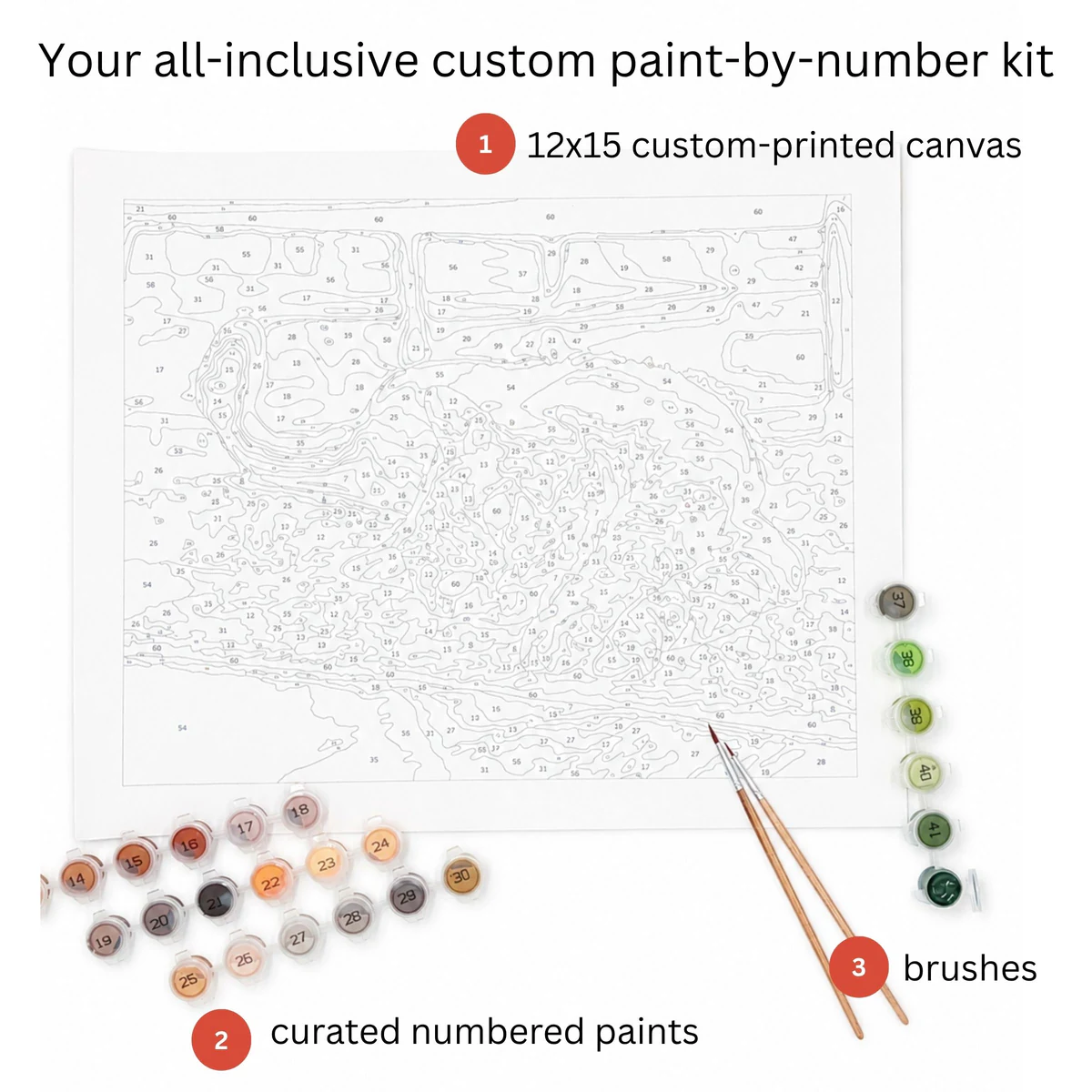 Custom kit with a numbered cat canvas, matched paint pots, and brushes